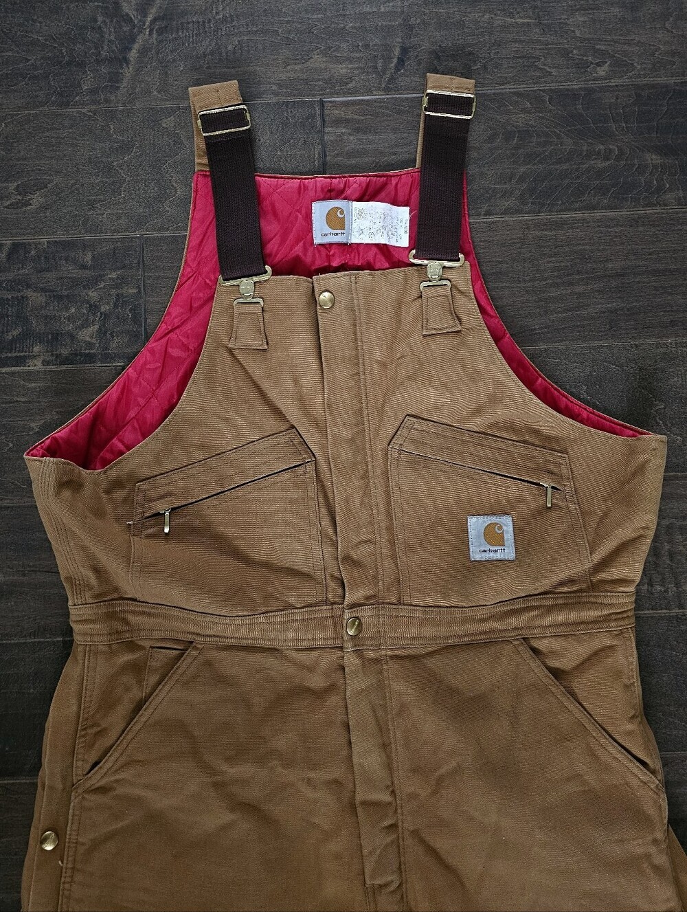 VINTAGE Beautiful Carhartt Brown Duck Bib Overalls with Red Lining Sz 40 X 30 - Picture 5 of 14